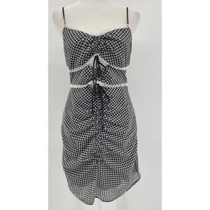 Y2K Coquette Babydoll Gingham Mini Dress Black White Lace Up Ruched Straps Small